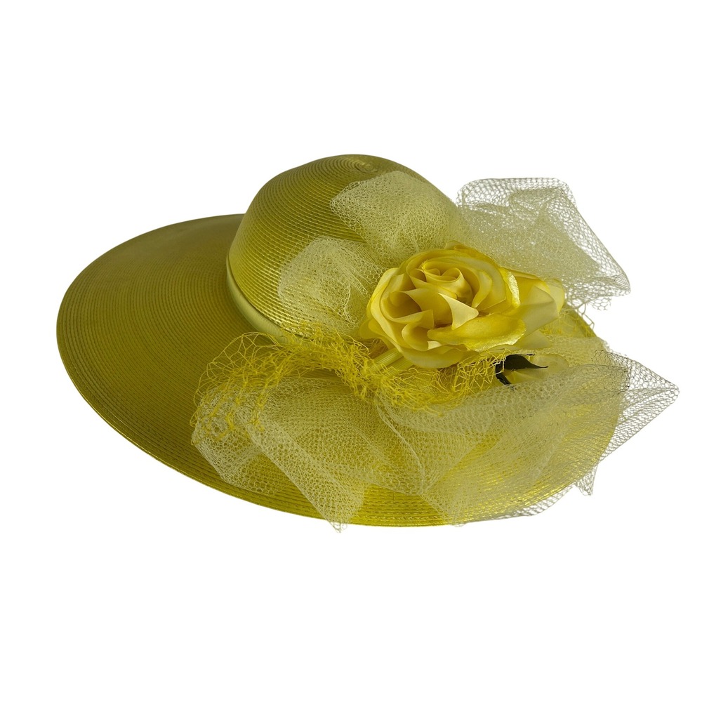 Vintage Yellow Wide Brim Kentucky Derby Straw Hat - Picture 2 of 5
